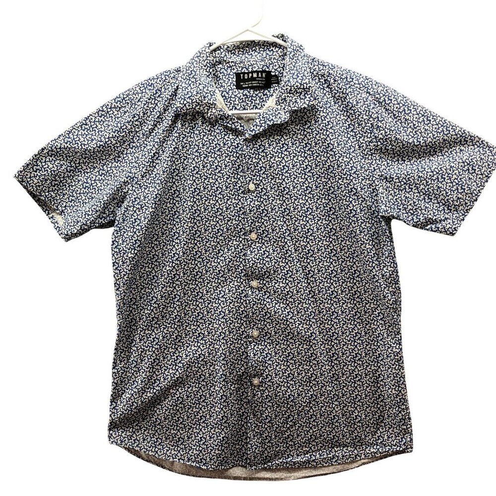 Topman Floral Shirt Mens L Blue White Short Sleeve‎ Cotton Printed Button Up